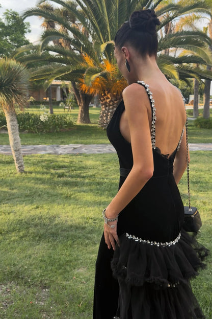 Black Beaded Tulle-Tiered Slim Maxi Dress Black