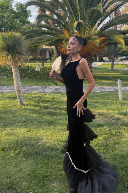 Black Beaded Tulle-Tiered Slim Maxi Dress Black