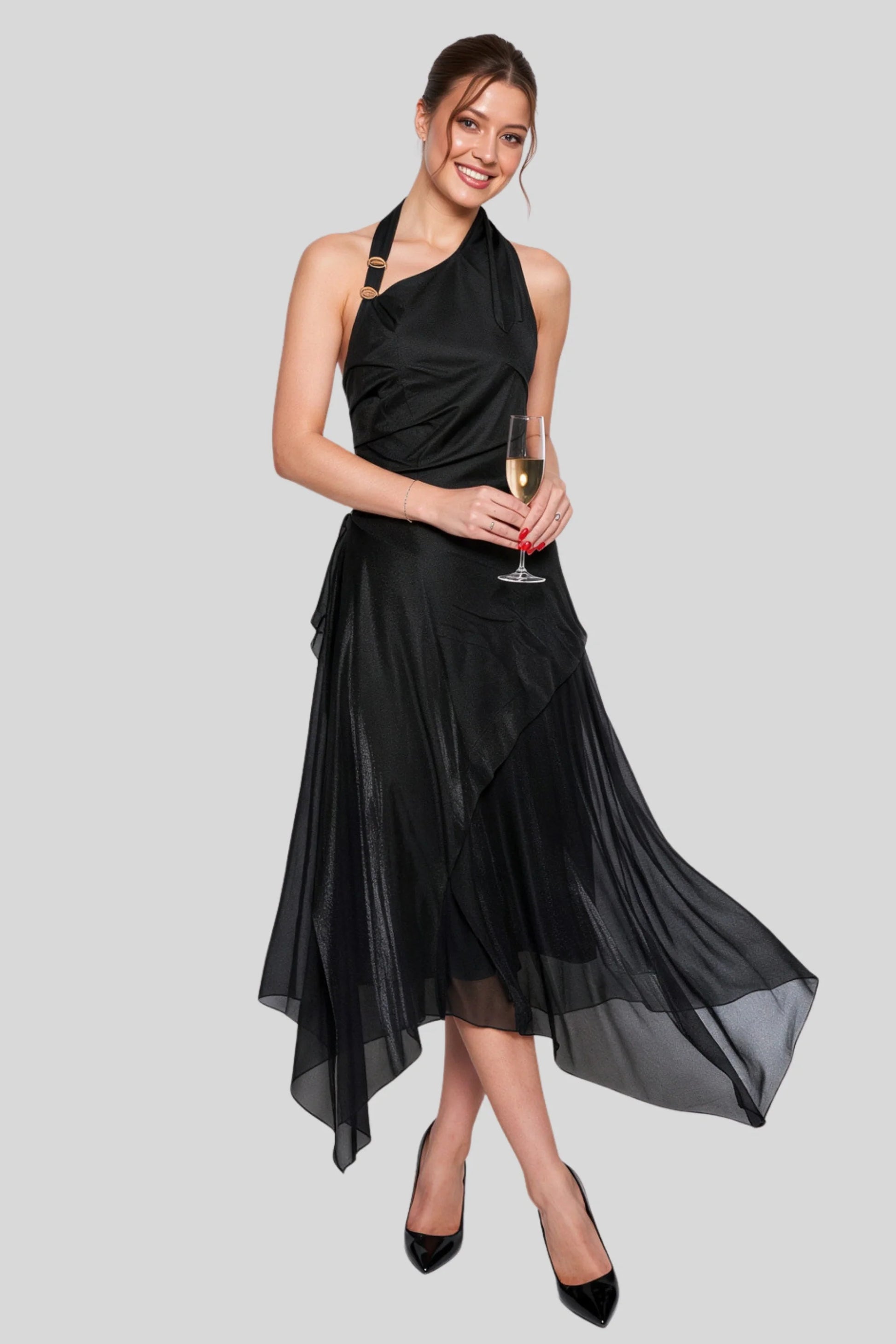 Black Chiffon Halter Metal Buckle Long Dress Black