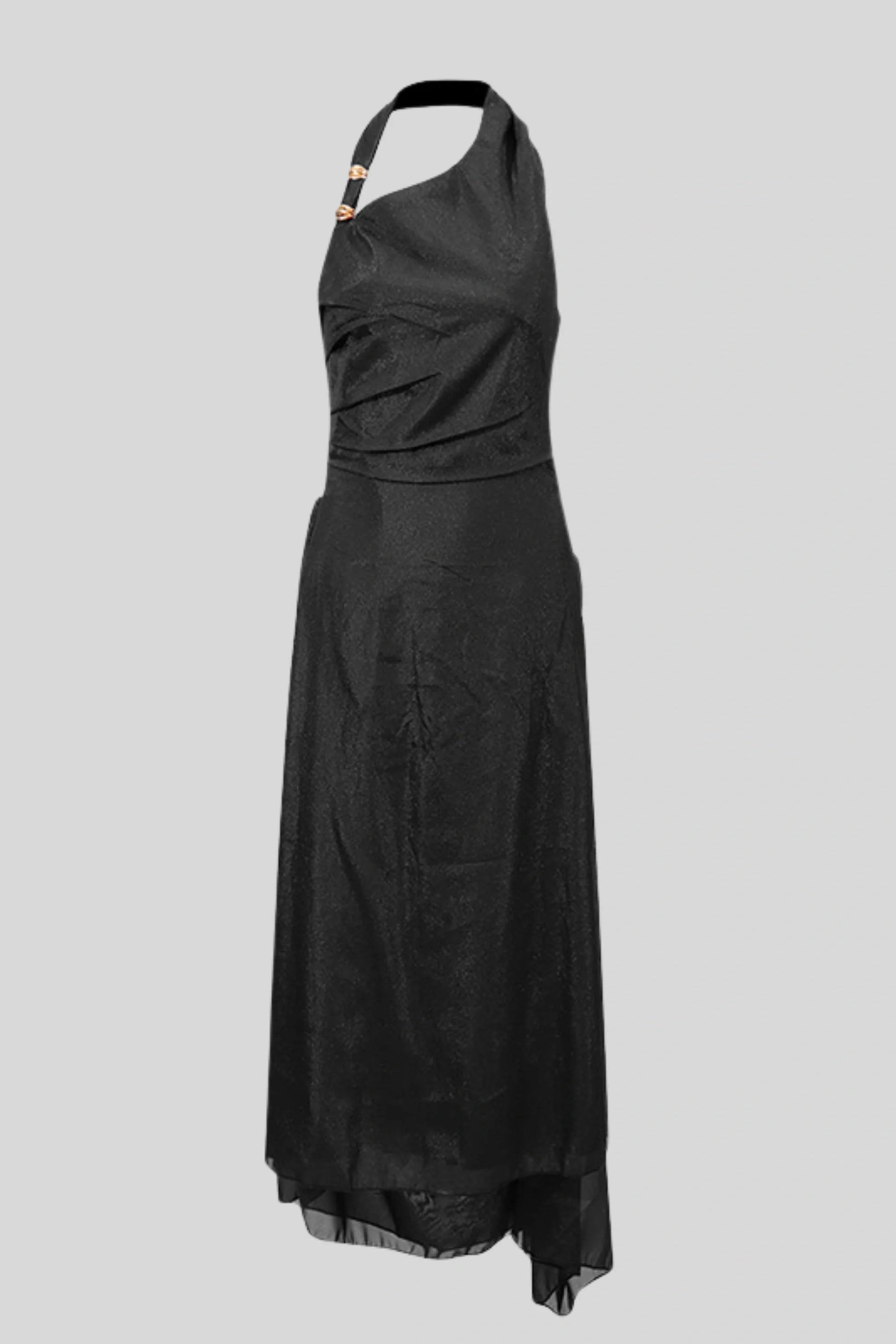 Black Chiffon Halter Metal Buckle Long Dress Black