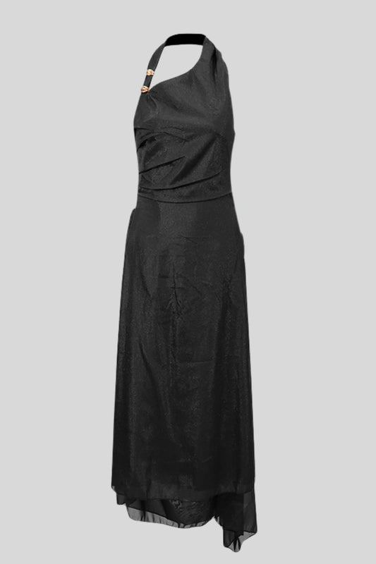 Black Chiffon Halter Metal Buckle Long Dress Black