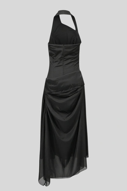 Black Chiffon Halter Metal Buckle Long Dress Black