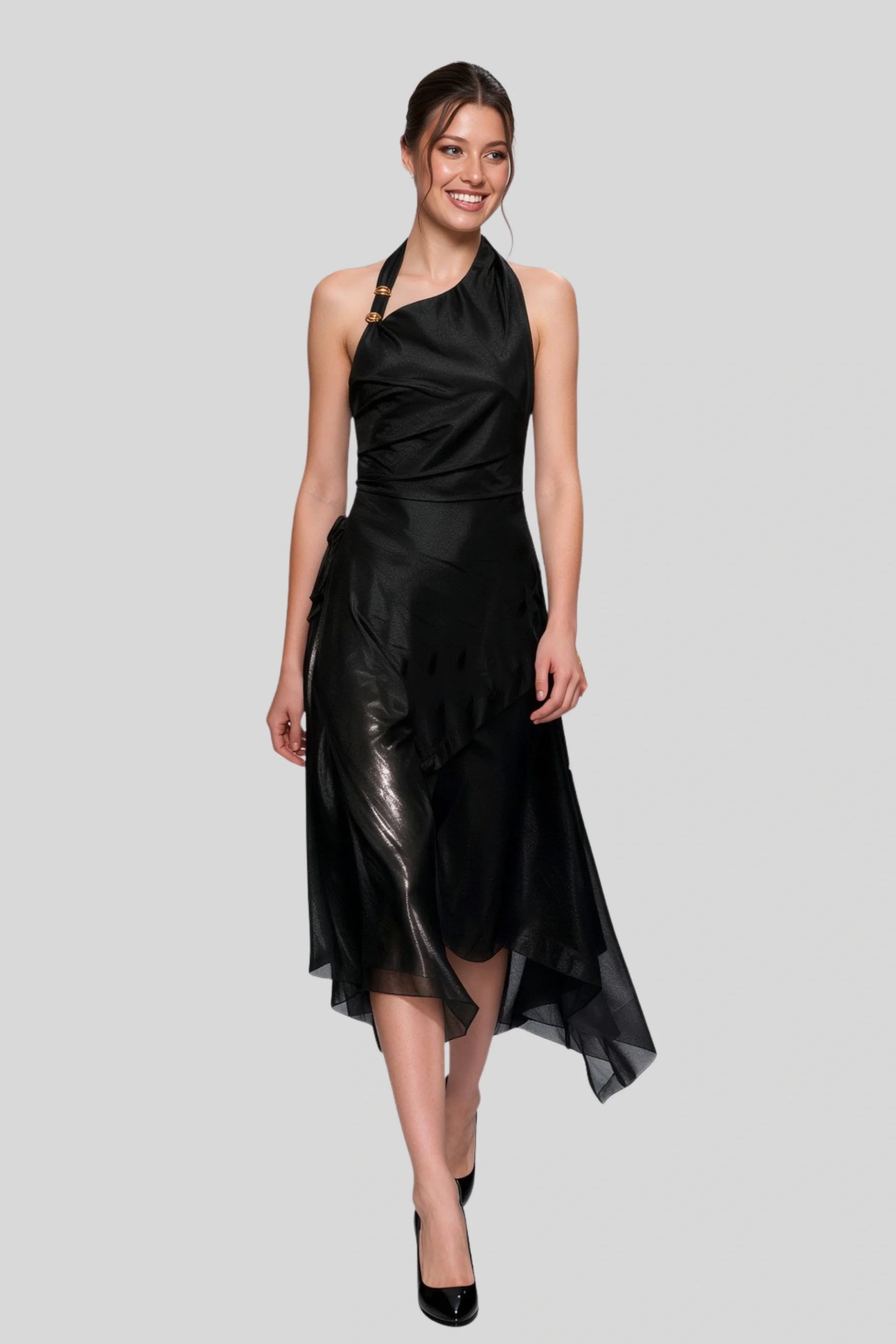 Black Chiffon Halter Metal Buckle Long Dress Black