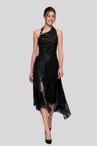 Black Chiffon Halter Metal Buckle Long Dress Black