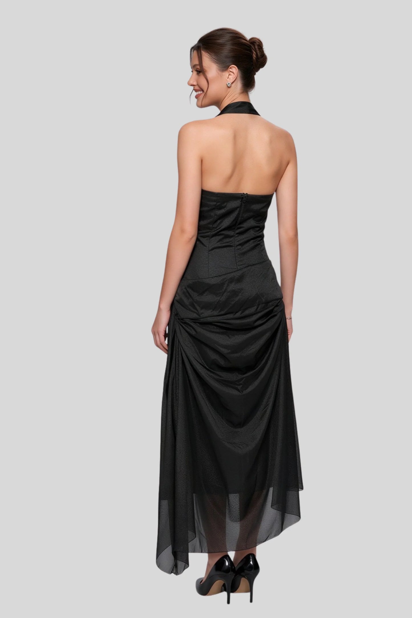 Black Chiffon Halter Metal Buckle Long Dress Black