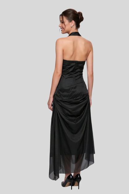 Black Chiffon Halter Metal Buckle Long Dress Black