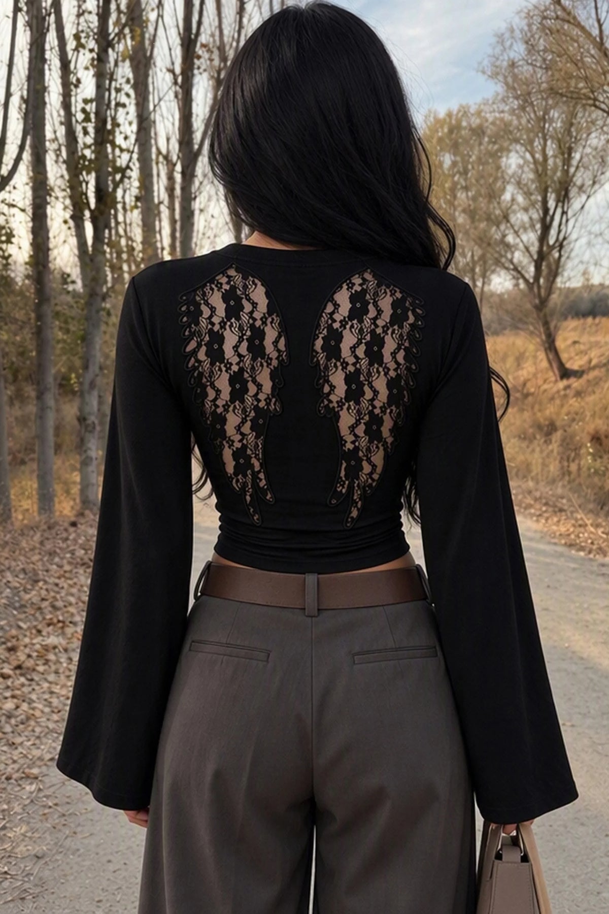 Black Long-Sleeve Lace Crop Top