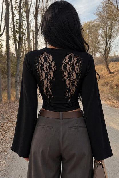 Black Long-Sleeve Lace Crop Top