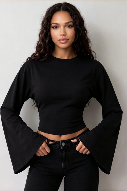 Black Long-Sleeve Lace Crop Top