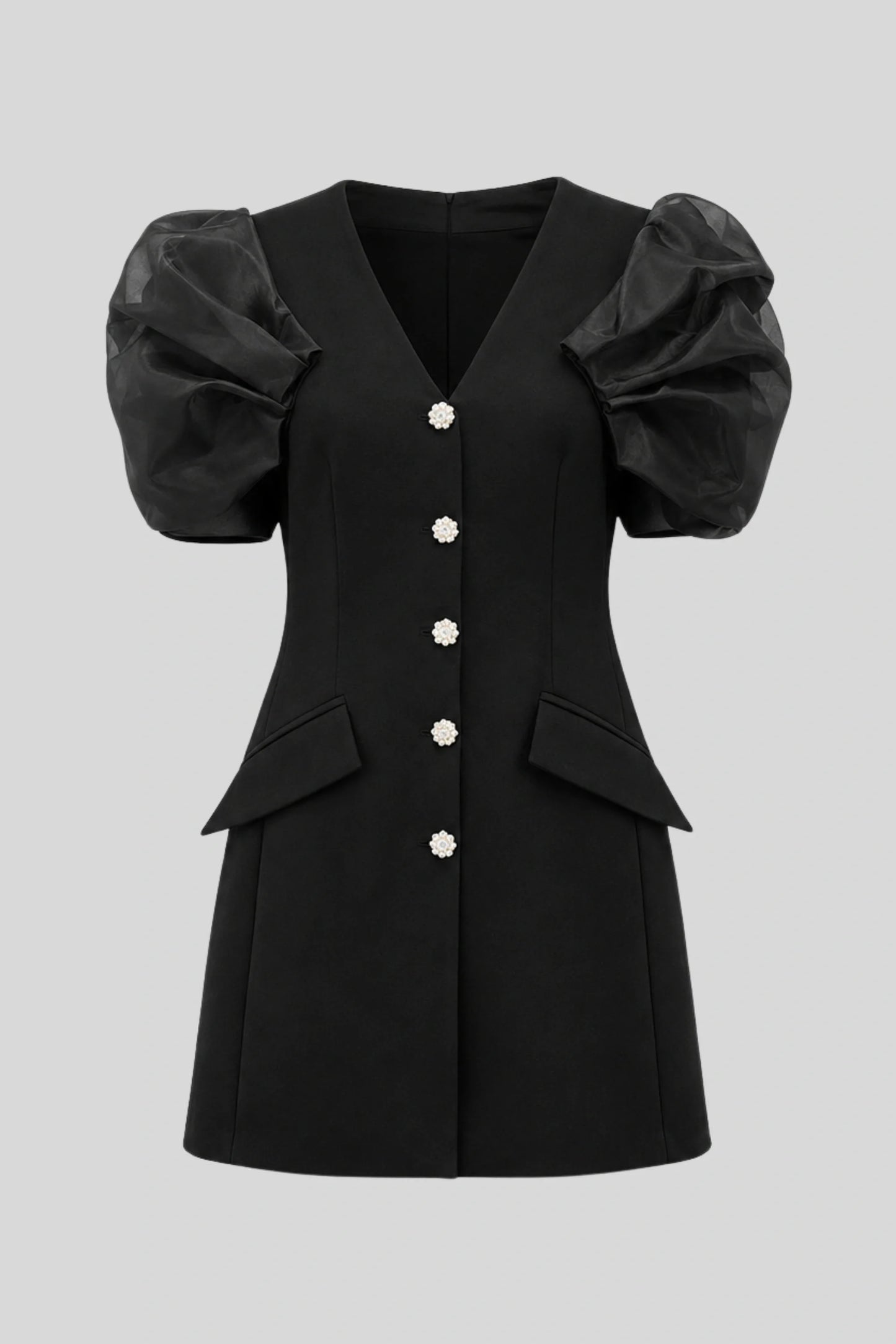 Black Puff Sleeve Tailored Mini Dress with Crystal Buttons Black