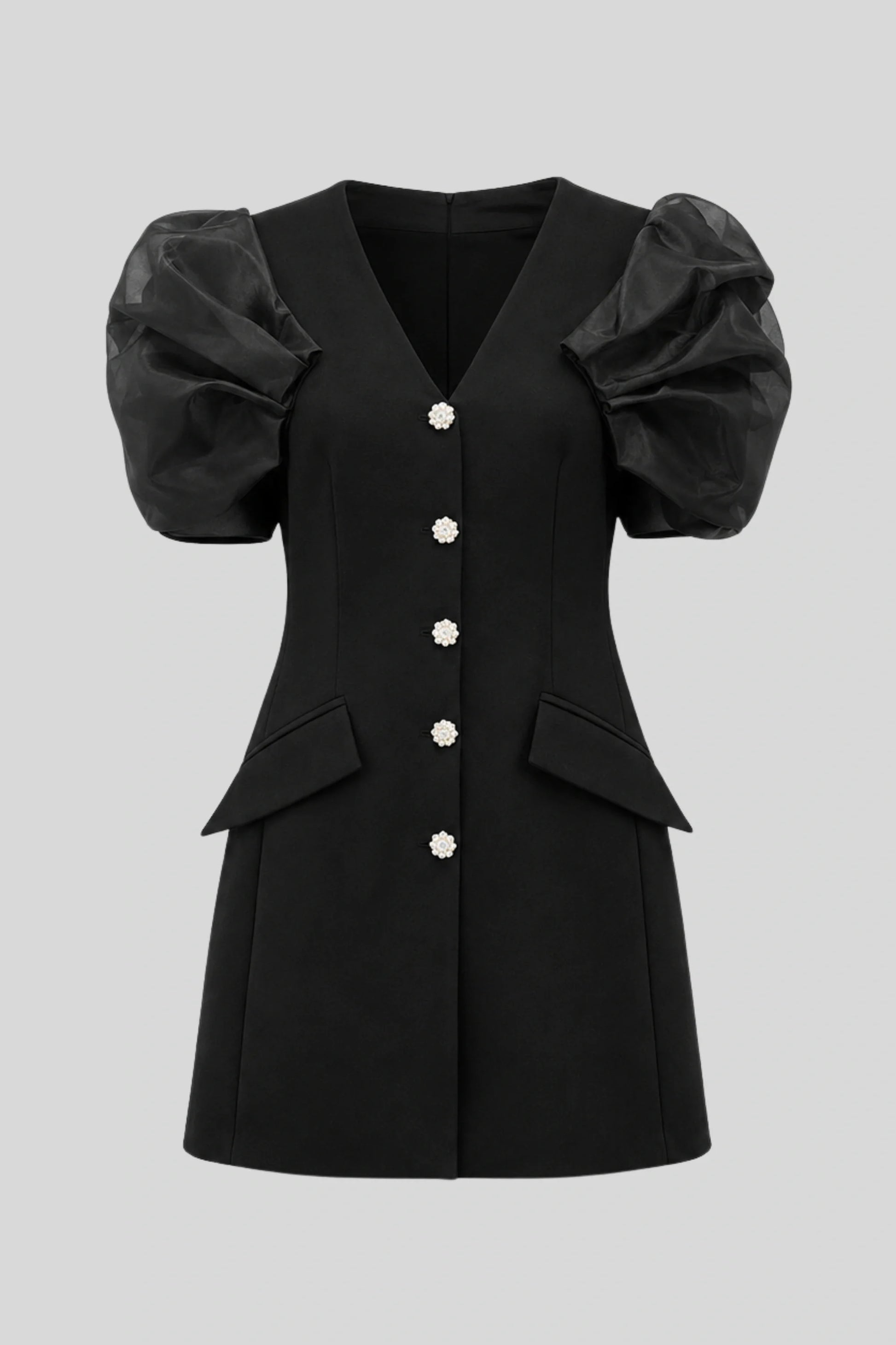 Black Puff Sleeve Tailored Mini Dress with Crystal Buttons Black