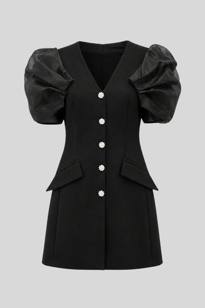Black Puff Sleeve Tailored Mini Dress with Crystal Buttons Black