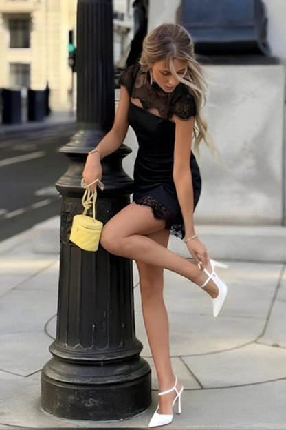 Black Satin Slip Midi Dress with Lace Shoulder Details Black