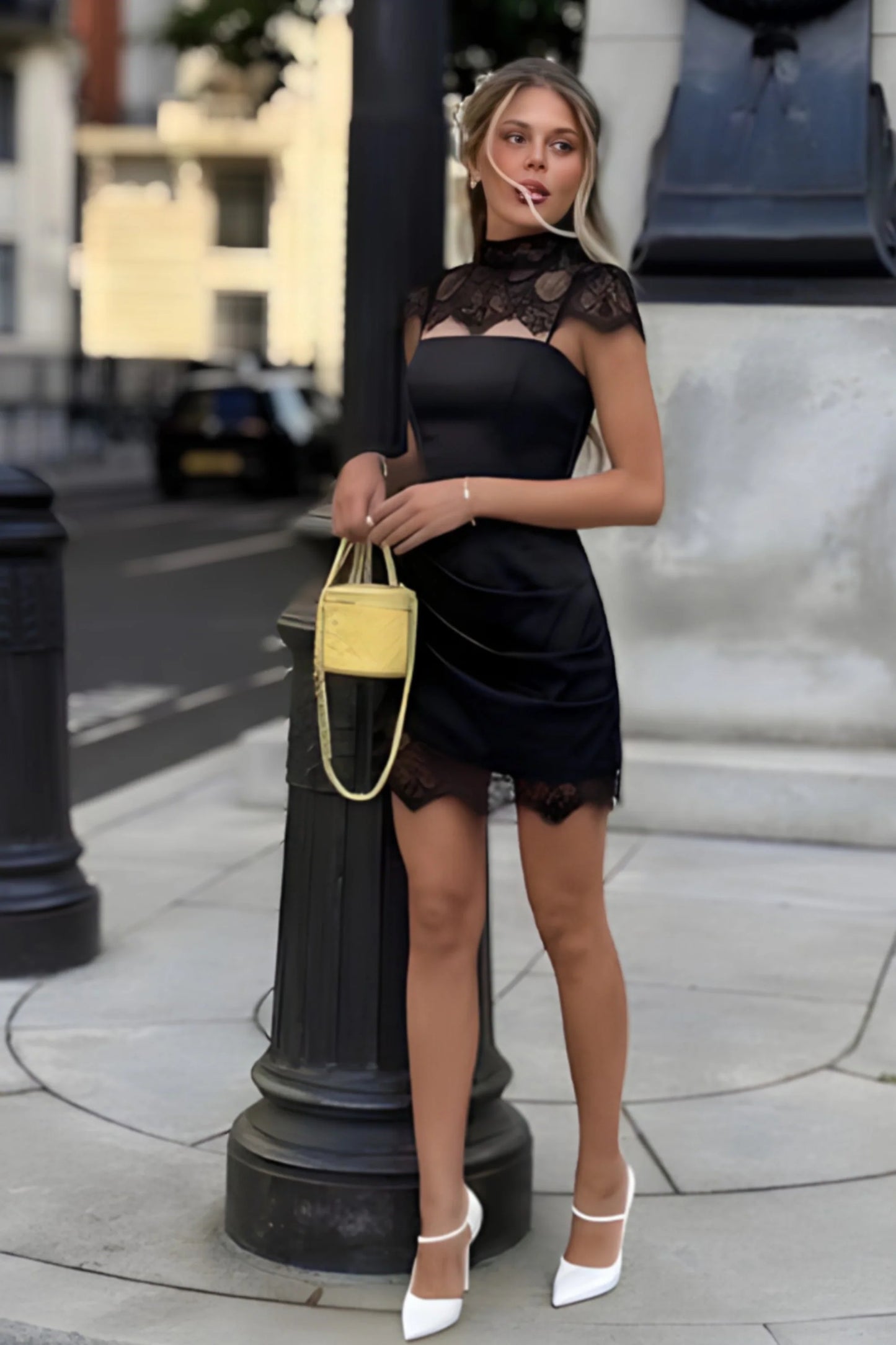 Black Satin Slip Midi Dress with Lace Shoulder Details Black