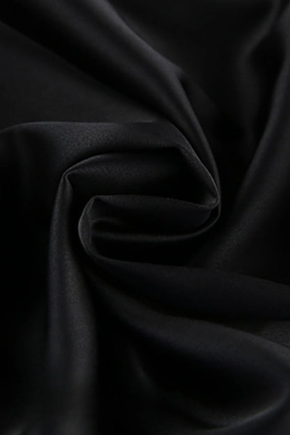 Black Satin Slip Midi Dress with Lace Shoulder Details Black