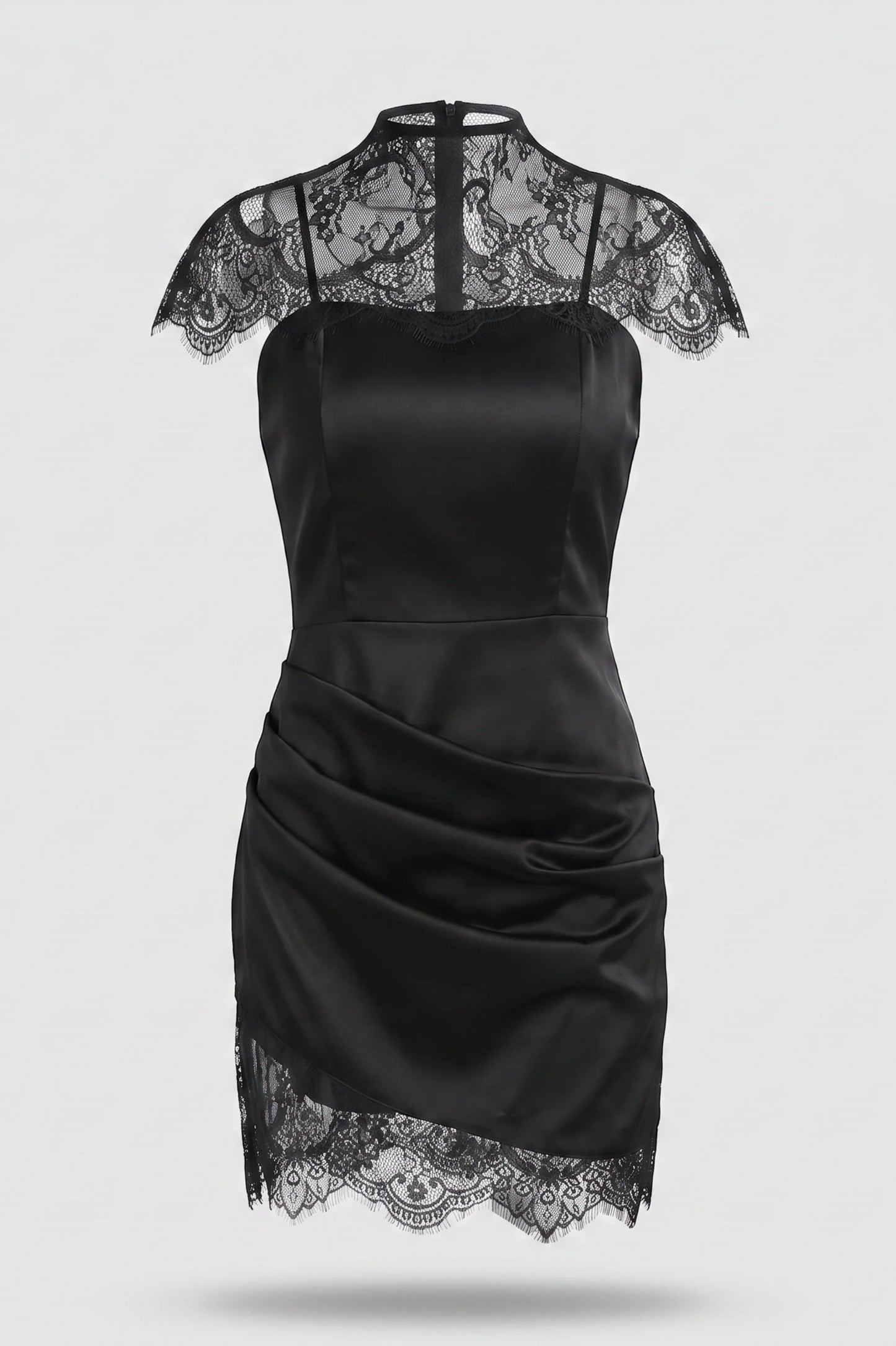 Black Satin Slip Midi Dress with Lace Shoulder Details Black