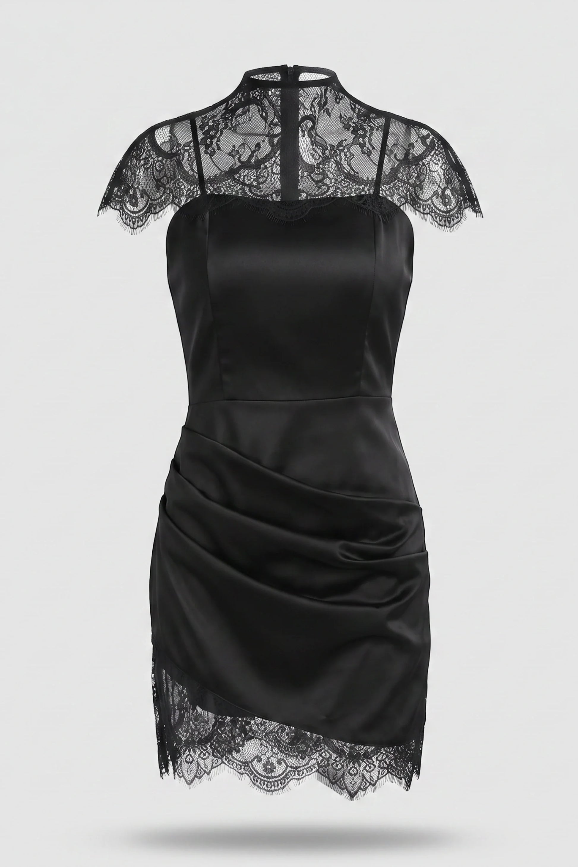 Black Satin Slip Midi Dress with Lace Shoulder Details Black