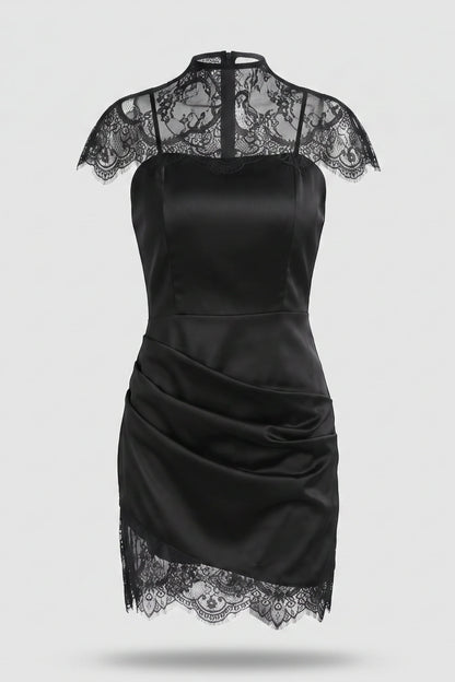 Black Satin Slip Midi Dress with Lace Shoulder Details Black