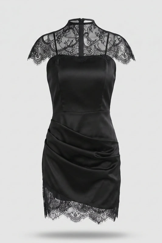 Black Satin Slip Midi Dress with Lace Shoulder Details Black