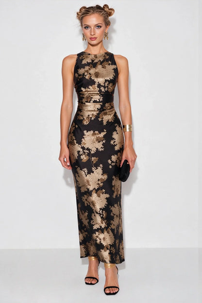 Black Silk Maxi Dress with Gold Floral Print and Cross-Back Straps Black