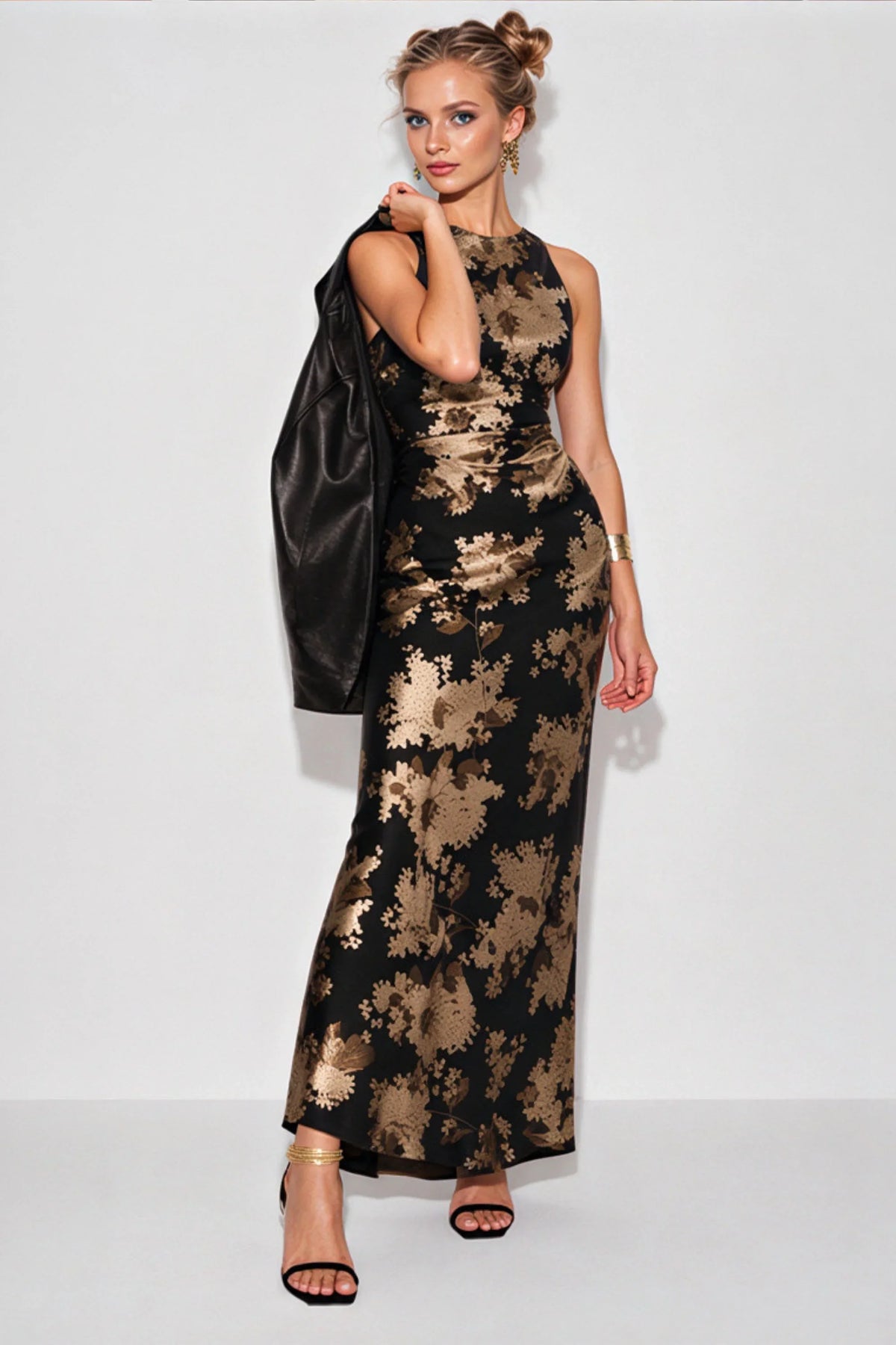 Black Silk Maxi Dress with Gold Floral Print and Cross-Back Straps Black