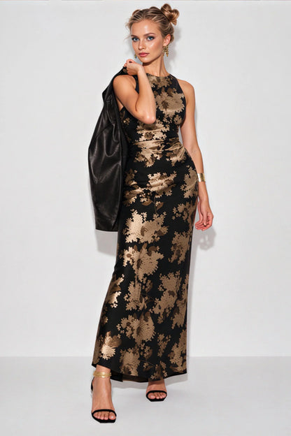 Black Silk Maxi Dress with Gold Floral Print and Cross-Back Straps Black