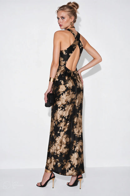 Black Silk Maxi Dress with Gold Floral Print and Cross-Back Straps Black