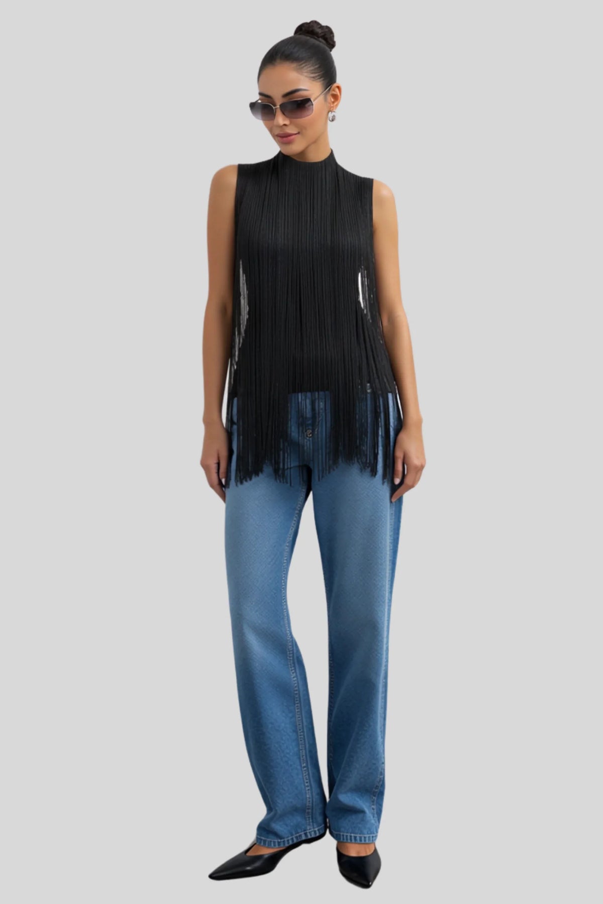 Black Sleeveless High-Neck Long Fringe Top Black