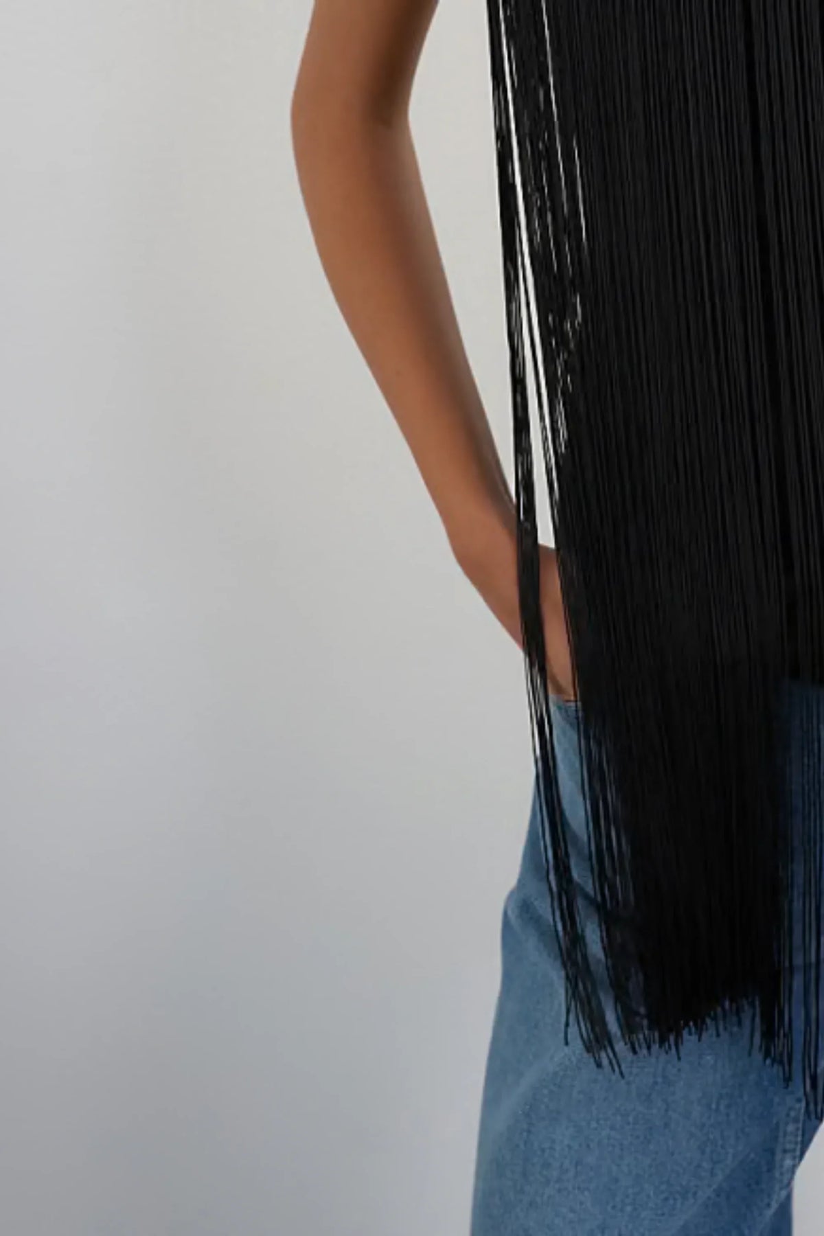 Black Sleeveless High-Neck Long Fringe Top Black