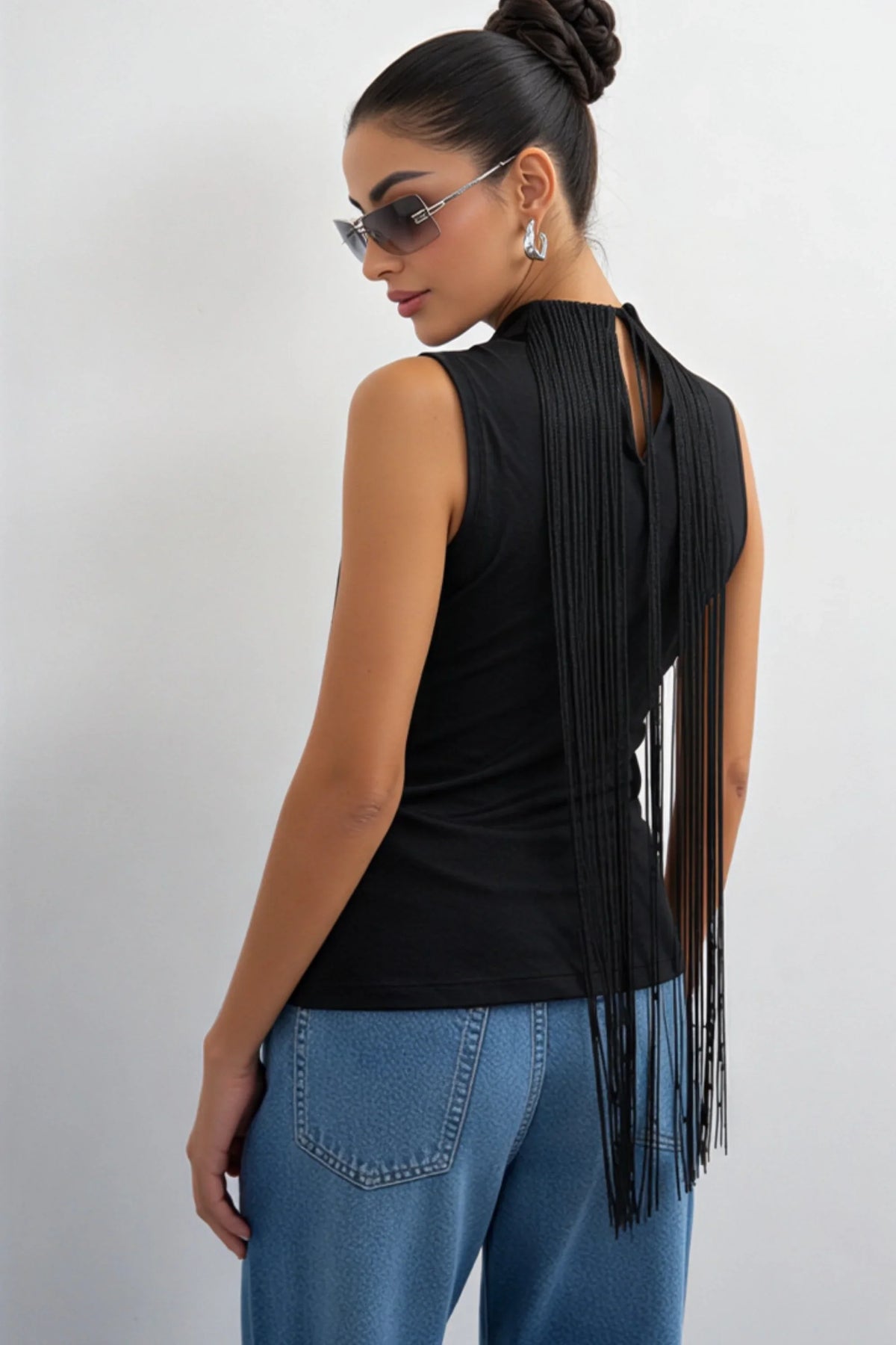 Black Sleeveless High-Neck Long Fringe Top Black