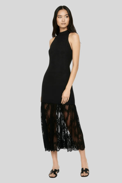 Sleeveless Long Dress with Embroidered Mesh Hem