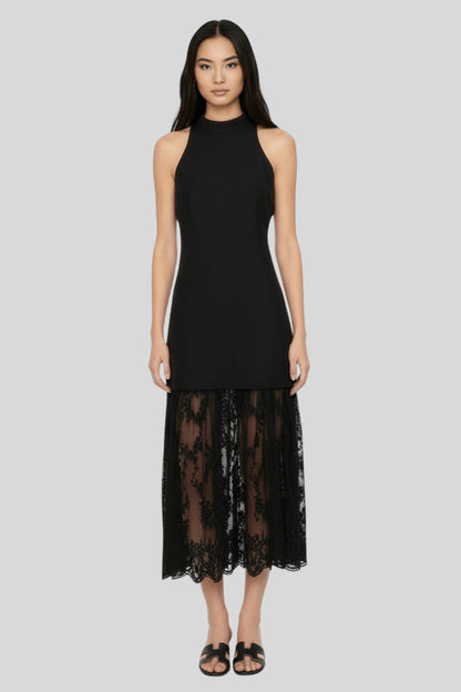 Sleeveless Long Dress with Embroidered Mesh Hem