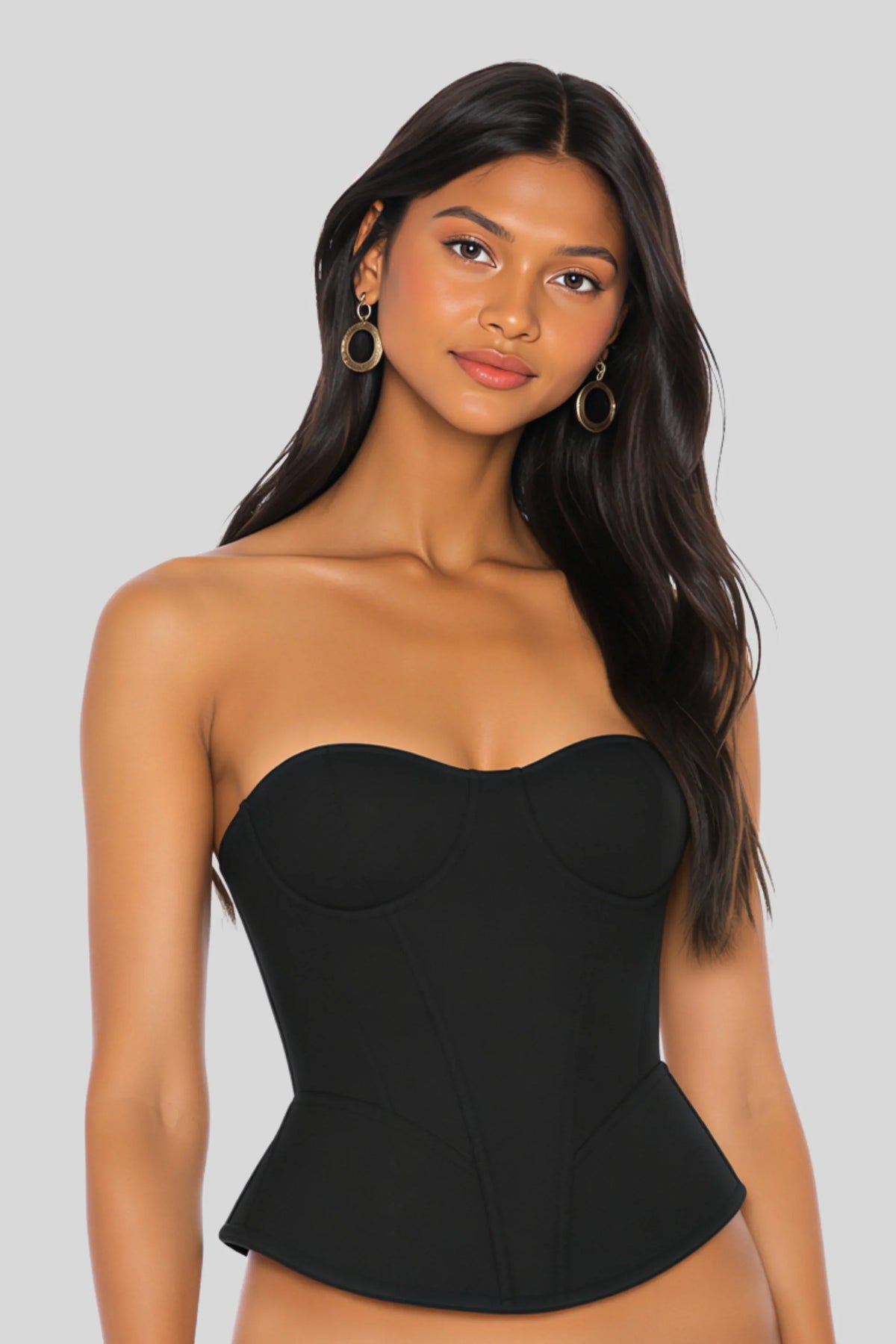 Black Structured Corset Bustier with Cups and Lace-Up Back Black