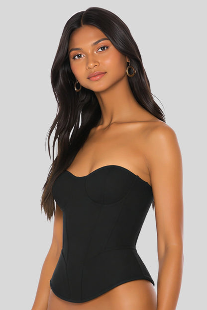 Black Structured Corset Bustier with Cups and Lace-Up Back Black