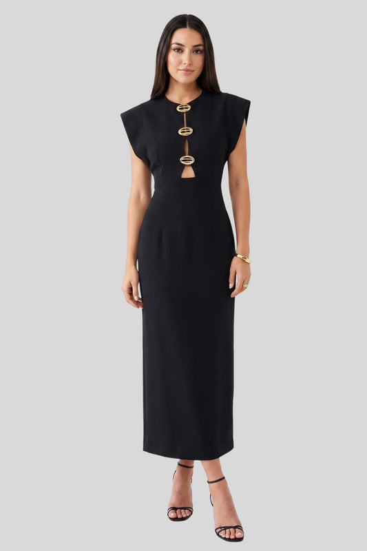 Black Tailored Midi Dress with Waist Cutouts Black
