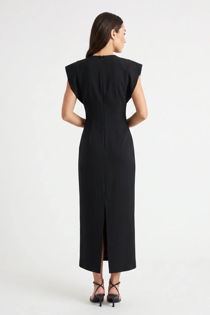 Black Tailored Midi Dress with Waist Cutouts Black