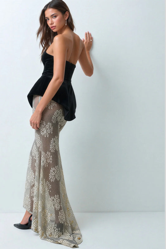Black Velvet Bustier Maxi Dress with Lace Skirt and Peplum Black