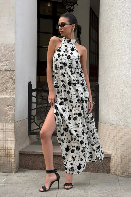 Black & White Print Halter Side-Slit Midi Dress Black