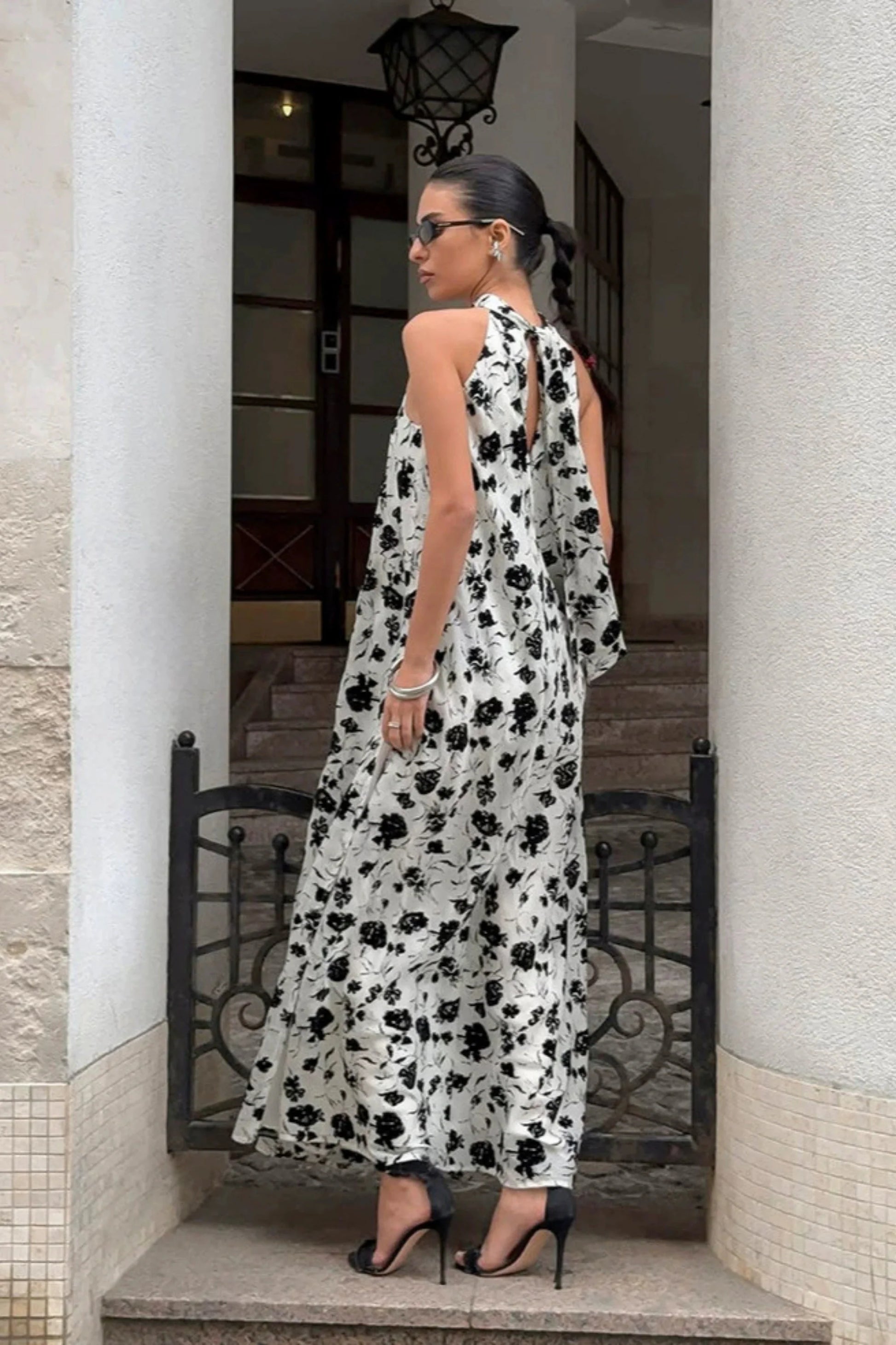 Black & White Print Halter Side-Slit Midi Dress Black