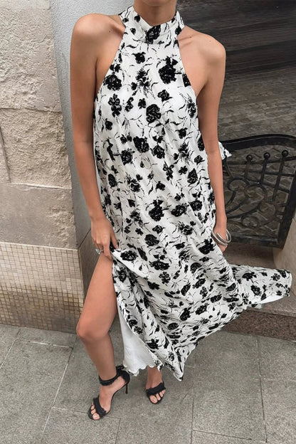 Black & White Print Halter Side-Slit Midi Dress Black