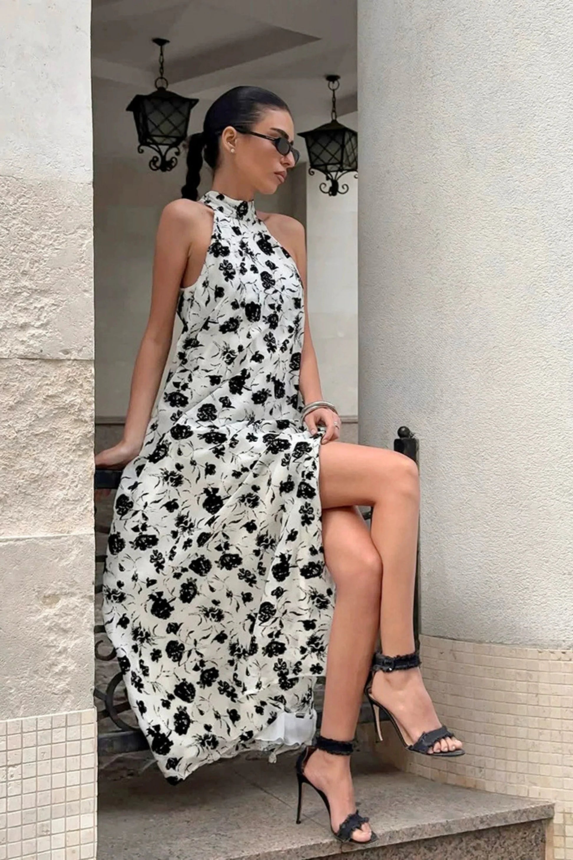 Black & White Print Halter Side-Slit Midi Dress Black