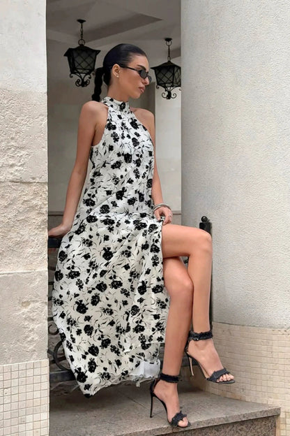 Black & White Print Halter Side-Slit Midi Dress Black