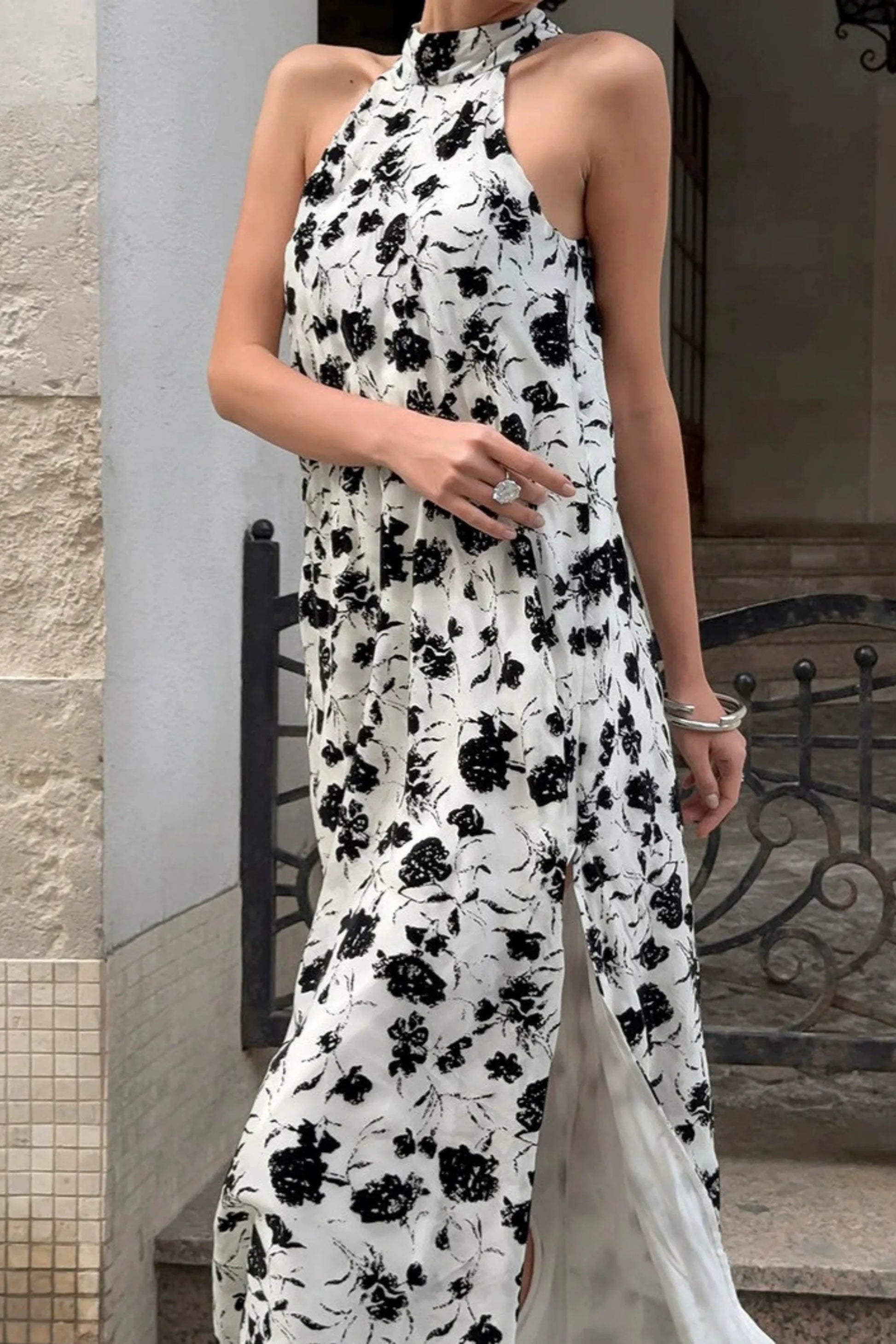 Black & White Print Halter Side-Slit Midi Dress Black