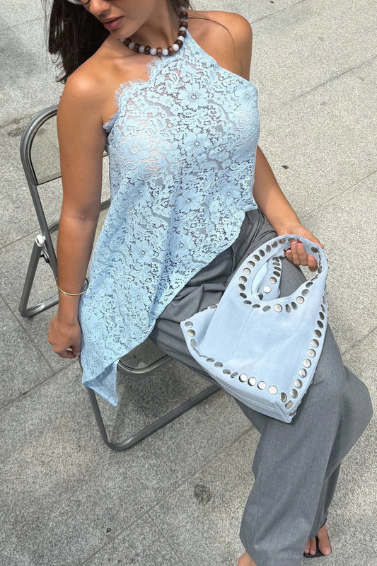Blue Lace Halter Backless Tie Crop Top Blue