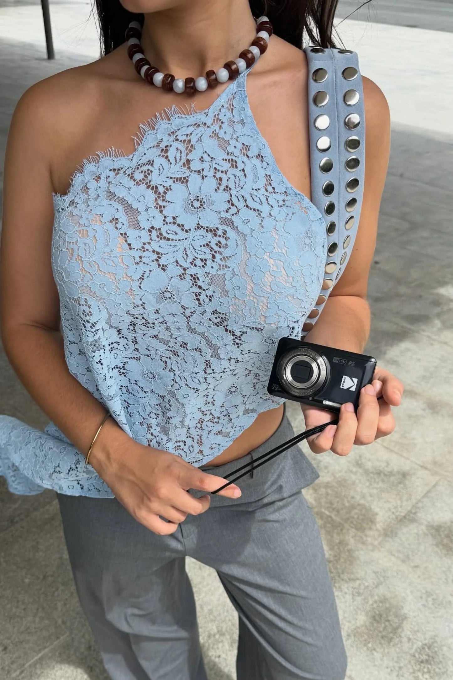 Blue Lace Halter Backless Tie Crop Top Blue