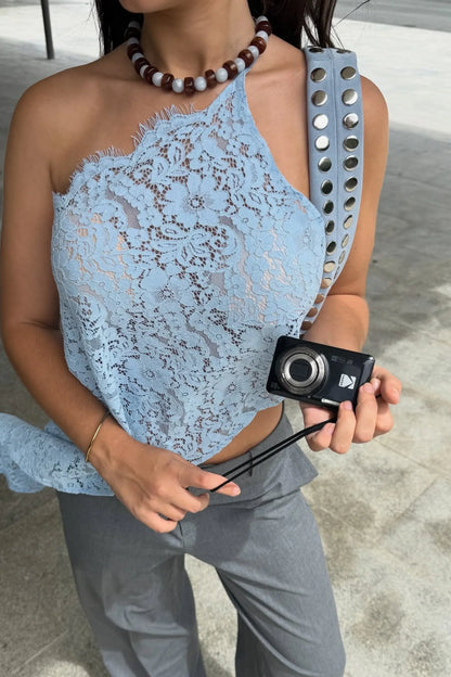 Blue Lace Halter Backless Tie Crop Top Blue