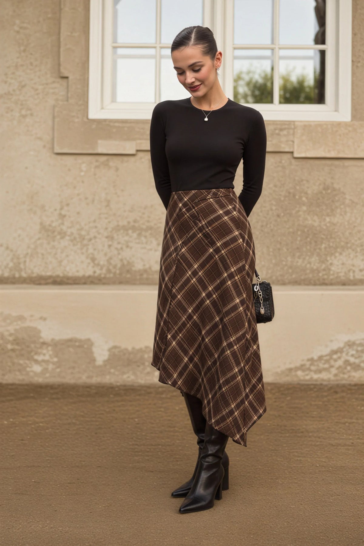Brown Plaid Asymmetric Midi Skirt Brown