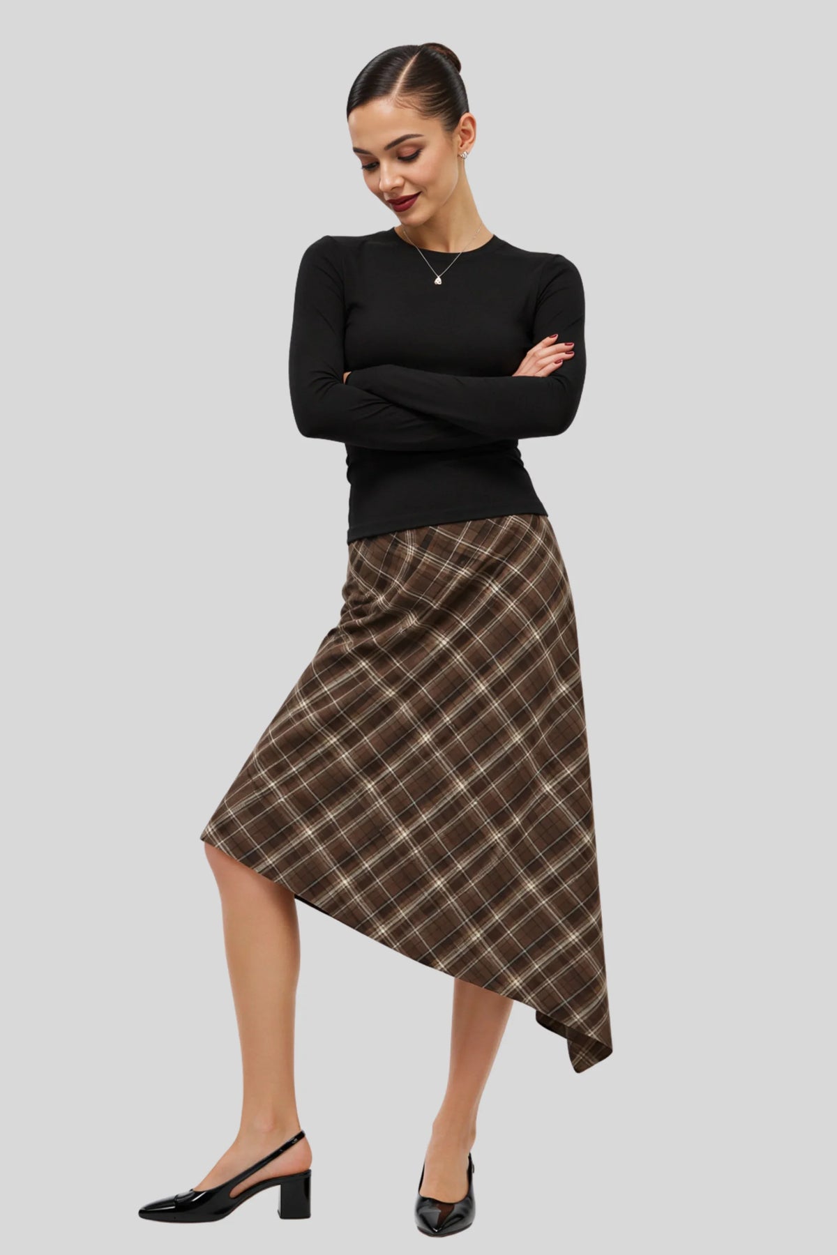 Brown Plaid Asymmetric Midi Skirt Brown