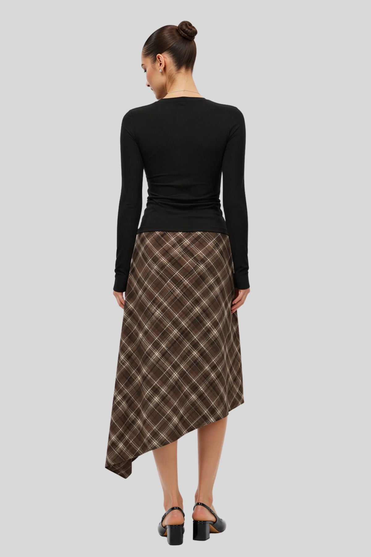 Brown Plaid Asymmetric Midi Skirt Brown