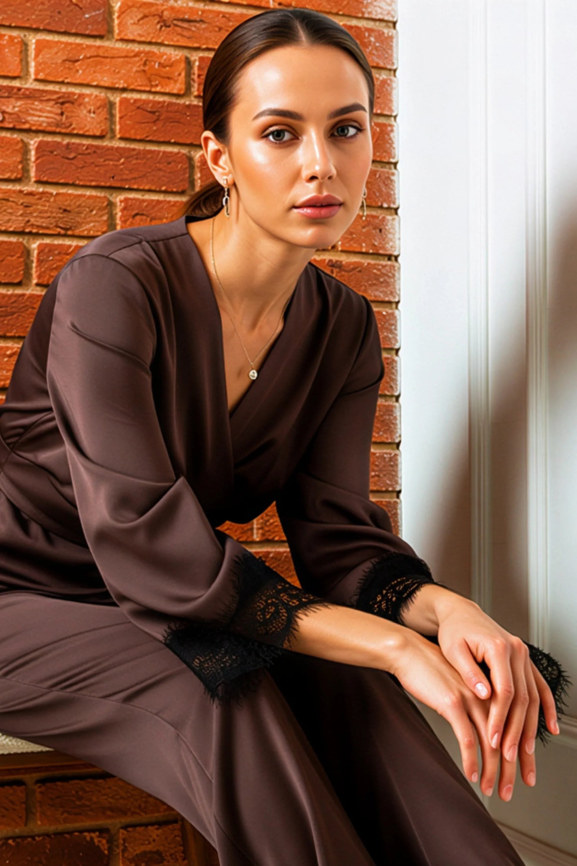 Brown Satin Lace Trim Wide Leg Pants Set Brown